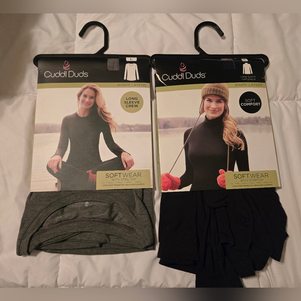 Cuddl Duds Softwear Long Sleeve Crew Tops - Black & Charcoal Heather